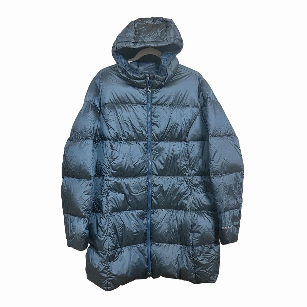 Eddie Bauer Luna Peak Women Sz XXL Down Parka Coat Blue Hooded Quilted Full Zip